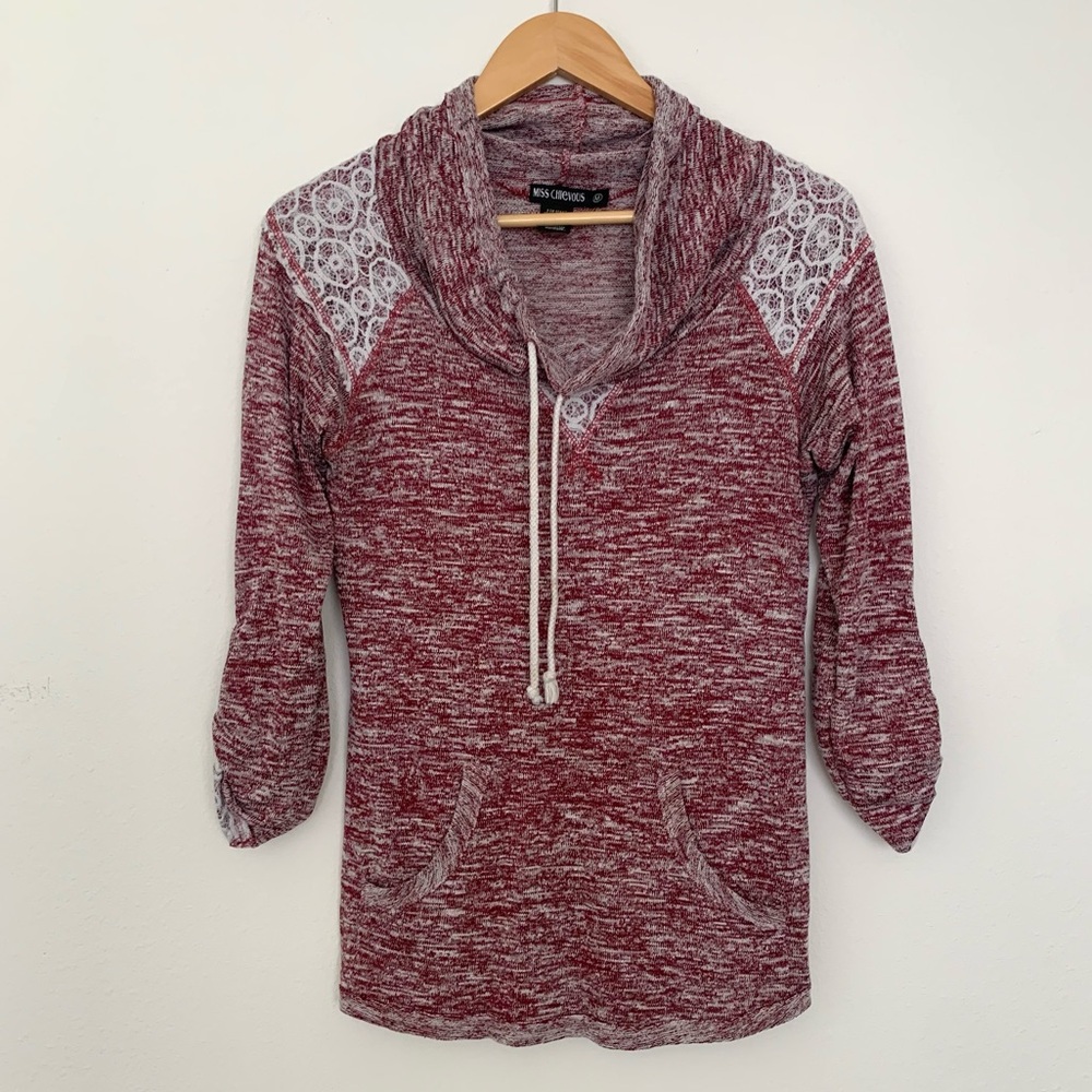 🌿 Burgundy Red Cowlneck Pocket Sweater Top with Lace Detail